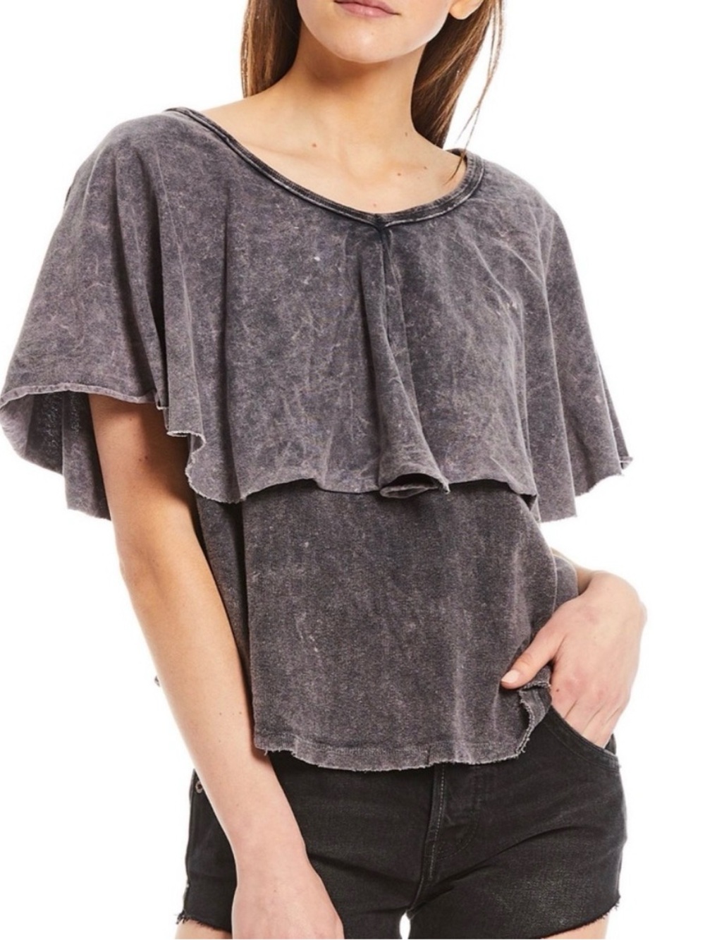 Free people - Washed Charcoal Ruffle Cape Tee - Women - size small